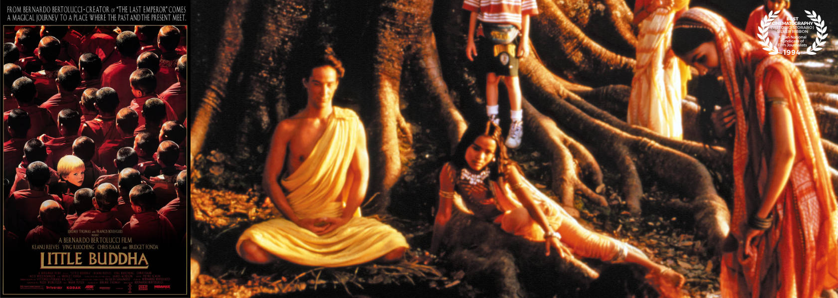 LITTLE BUDDHA - Actor Keanu Reeves as The Buddha sitting under the Bodhi tree child Jesse Conrad watches - THIS Buddhist Film Festival